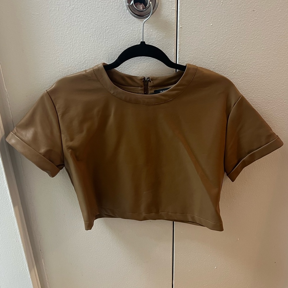 Brown boxy faux leather t-shirt crop top